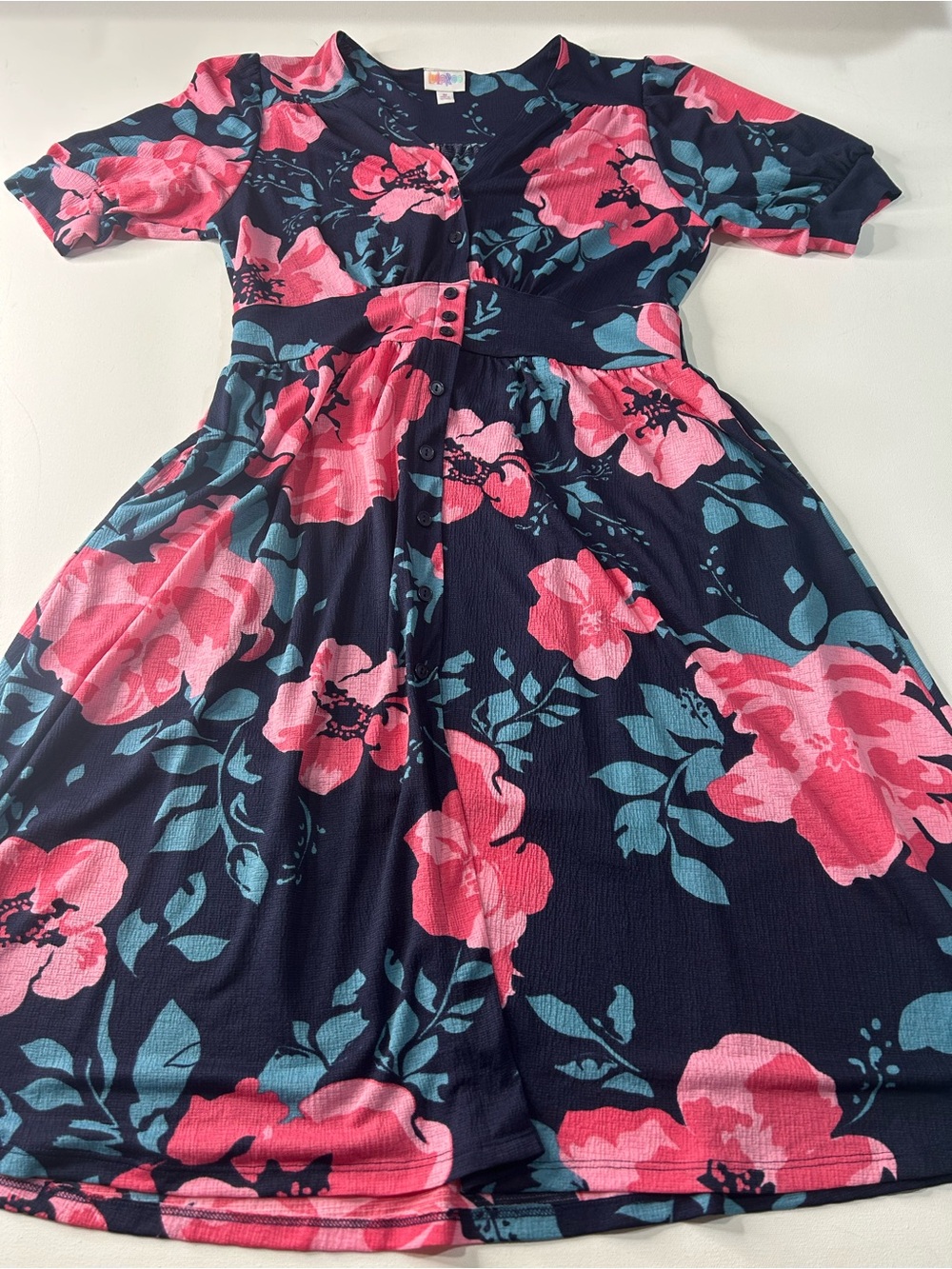 LuLaRoe Navy Dress with Pink and Teal Floral Print
